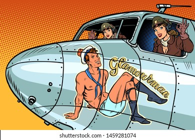 women pilots girls. Pinup man on the fuselage of a retro bomber. Pop art retro vector illustration vintage kitsch