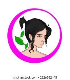 women in a pink circle and leaves fall with white background