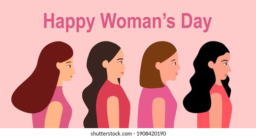 Women in pink dresses in flat design. Happy woman’s day. International woman day. Female power.