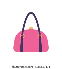 Women pink leather handbag with black handle and clips vector illustration isolated on white. Casual bag accessory for girls, glamour fashionable purse