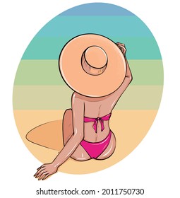 Women in pink swimsuit sunbathing lying on the sand at the sea or ocean beach. A beautiful girl sits on the sand in front of the sea. Woman in pink swimsuit vector illustration.