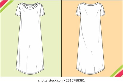 WOMEN PIPING SCOOP NECK SHORT SLEEVE DRESS TECHNICAL FASHION FLAT SKETCH