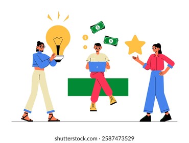 Women Pitching Business Idea To Investor In Flat Vector Illustration Symbolizing Entrepreneurship, Funding, And Innovation, Isolated On White Background.