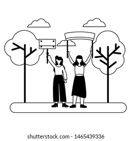 women with placards birthday celebration park vector illustration