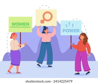 Mujeres con carteles luchando por su ilustración vectorial de derechos. Banners con símbolo de venus y inscripción de poder. Empoderamiento femenino, concepto de protesta