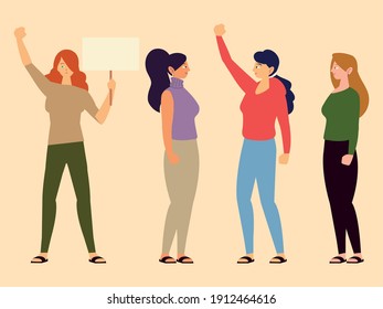 women with placards, group of people protesting vector illustration