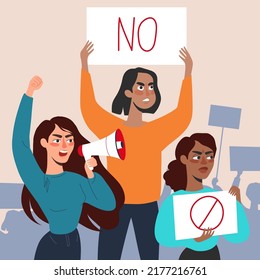 Women with placards and loudspeakers at the protest. Fight for equality, women's rights. Vector flat illustration