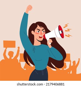 Women with placards and loudspeakers at the protest. Fight for equality, women's rights. Vector flat illustration