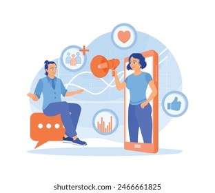 Women place advertisements on social media. Refer friends to do business together. Referral Program concept. Flat vector illustration.