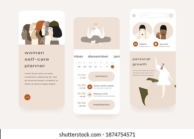 Women planner. Mobile application template. UI, UX, GUI design elements.