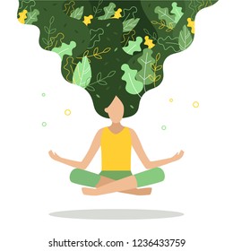 Women with plants in her hair. She floating in the air in a lotus position. The concept of health, beauty, natural products, body care, yoga center. Flat vector illustration.