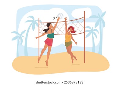 Las mujeres juegan voleibol de playa, saltando para golpear la pelota y disfrutando de vacaciones de verano en la isla caliente. Las niñas pasan sus vacaciones en el resort y compiten en voleibol de playa, llevando un estilo de vida activo y saludable