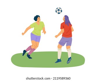 Women play football and throw the ball up to the air, flat vector illustration isolated on white background. Characters of female professional soccer athletes.