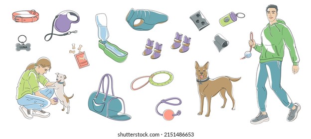 Women Play With Small Dog, Man Walking With Big Dog And Set Elements About Walk With Pet, Clothes, Shoes, Toys, Biscuits, Carrying Bag, Portable Water Bowl, Collar, Leash. Outline Vector 