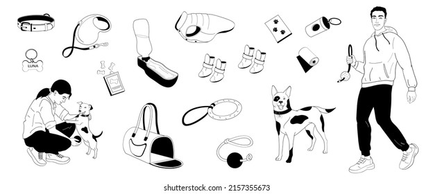 Women Play With Small Dog, Man Walking With Big Dog And Set Elements About Walk With Pet, Clothes, Shoes, Toys, Biscuits, Carrying Bag, Portable Water Bowl, Collar, Leash.Black Outline Vector 