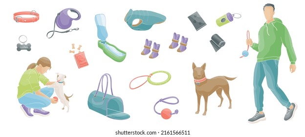 Women Play With Small Dog, Man Walking With Big Dog And Set Elements About Walk With Pet, Clothes, Shoes, Toys, Biscuits, Carrying Bag, Portable Water Bowl, Collar, Leash.