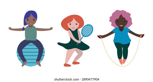 Women play sports. A healthy way of life. Hobbies and sports. Set of cute illustrations. Happy fitness. Chapter 2