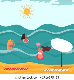 Women playing ball in water, summer leisure activity, people on vacation at sea or ocean, vector illustration. Happy girl in ocean waves play ball, cartoon character active sport player woman vacation