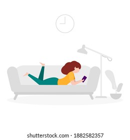 Women playing cell phone on sofa at home, vector flat illustration