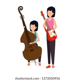 women playing cello and electric guitar characters