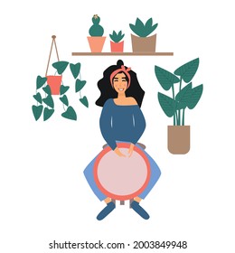 Women playing drum bongo at hom. Enjoying life illustration in vector.