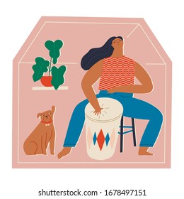 Women playing drum bongo at home with   dog listening the music in social distancing period during quarantine. Stay home and enjoying life illustration in vector.  