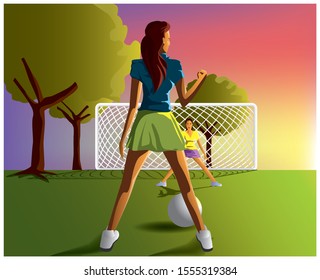 Women playing football in the ground on sunset in vector illustration