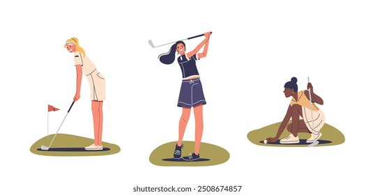 Mujeres jugando al golf Diversión e ilustración de dibujos animados competitivos que representan diferentes poses y acciones de personajes femeninos