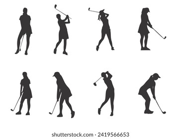 Women playing golf in various poses isolated vector silhouette on white background