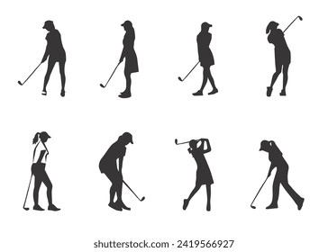 Women playing golf in various poses isolated vector silhouette on white background