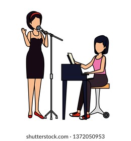 women playing grand piano and sing characters