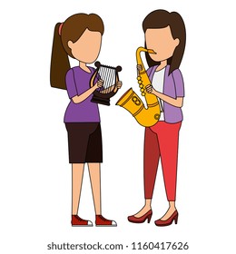 women playing harp and saxophone characters