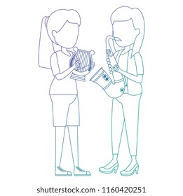 women playing harp and saxophone characters