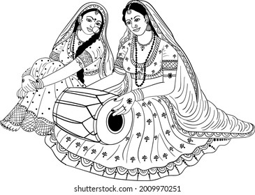 Women playing Indian musical instrument dholak in wedding function. Indian wedding clip art women playing the tabla in Indian wedding wearing a traditional uniform. Indian wedding clip art.