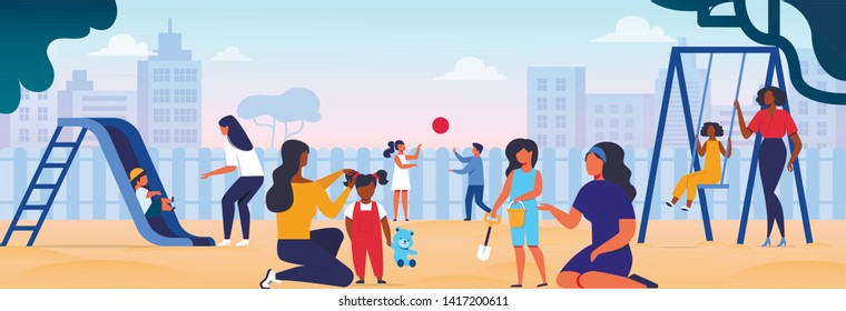Women Playing with Kids on Playground. Mothers Spending Time with Children in Playing Yard in City. Maternity, Childhood, Love, Baby Care, Kindergarten in Summertime. Cartoon Flat Vector Illustration.