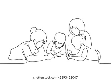 women playing on the floor with children - one line art vector. female nanny concept, lesbian family