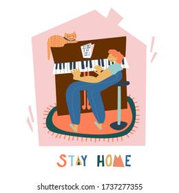 Women playing the piano at home with cat listening the music in social distancing period during quarantine. Stay home and enjoying life vector illustration.