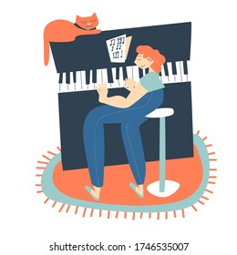 Women playing the piano at home with cat listening the music in social distancing period during quarantine vector illustration. Stay home and enjoying life.
