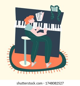 Women playing the piano at home with home plant in social distancing period during quarantine vector illustration. Stay home and enjoying life.