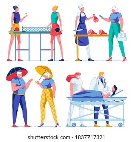 Women Playing Ping Pong or Table Tennis, Butcher Shop with Meat on Table Flat Cartoon Vector Illustration. Woman Giving Money to Seller. Couple Talking, Holding Umbrella. Woman in Hospital.