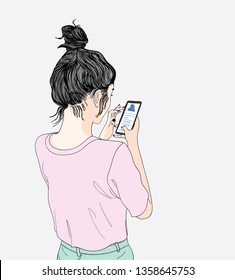 Women are playing smartphones. She talked to friends in social media.Doodle art concept, illustration painting
.