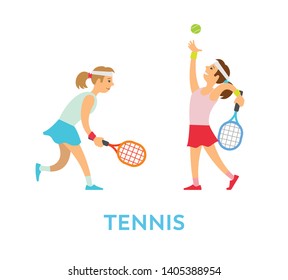 Women playing tennis in team vector, poster with people wearing suits, lady holding racket ready to hit ball. Tournament and championship competition