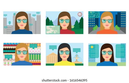 Women playing virtual games in different realities vector illustration