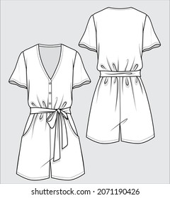 WOMEN PLAYSUIT WITH CENTRE FRONT OPENING IN VECTOR FILE