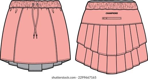 Mujeres suplieron corriendo mini falda camiseta diseño de sketch plano de moda Ilustración para niñas y damas, concepto de falda de sendero de carreras con vista frontal y trasera para tenis y seguimiento de uso activo.