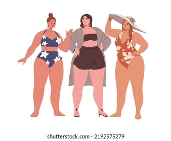 Women With Plus-size Curvy Fat Bodies. Plump Chubby Girls In Bikini Swimwear. Happy Pretty Chunky Girlfriends Standing In Beach Swimsuits. Flat Vector Illustration Isolated On White Background