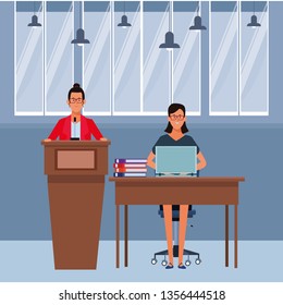 women in a podium and office desk