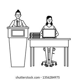 women in a podium and office desk black and white