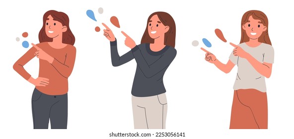 Women pointing to something. Female characters indicating and pointing with index finger, cheerful girls pointing right side flat vector illustration set