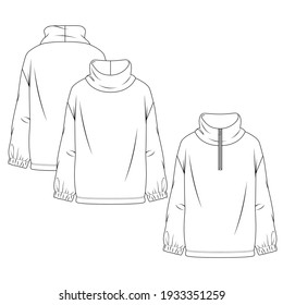 Women Polar Fleece Turtleneck Sweatshirt Mode flache Skizze Vorlage. Girls Technical Fashion Illustration. Lange Ärmel. Zipper-Option